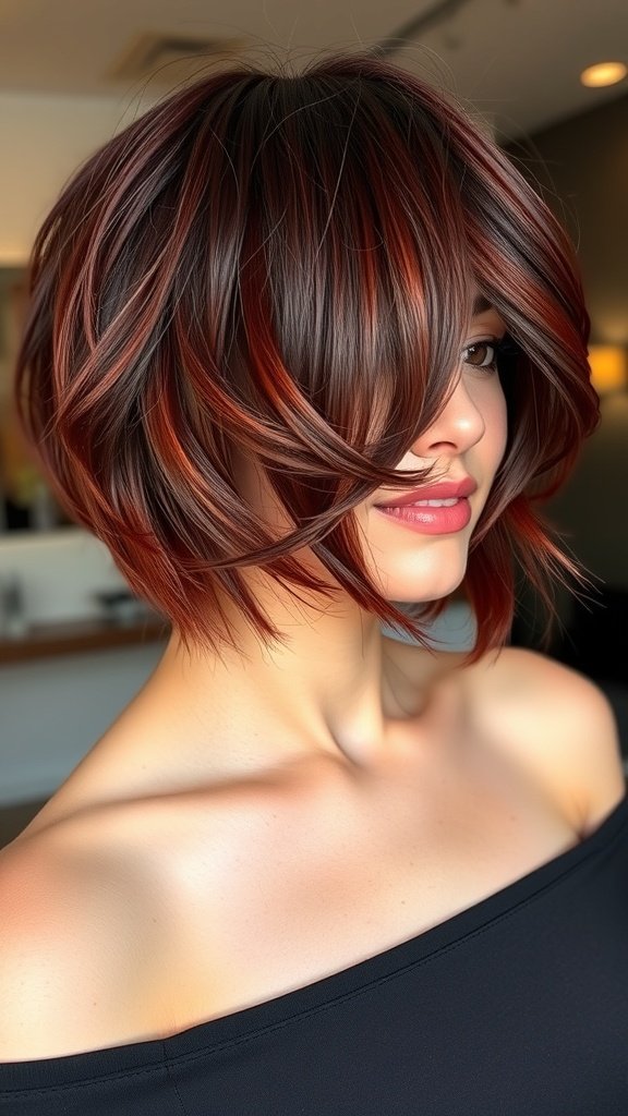 A woman with a cherry red lob hairstyle featuring dark roots, showcasing a stylish and vibrant look.