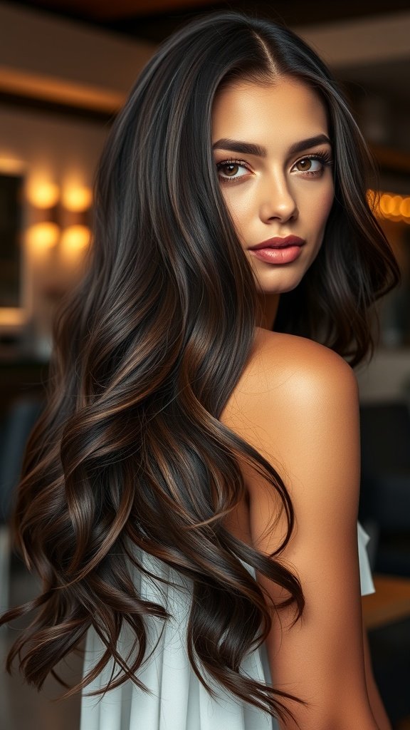 A woman with long layered waves in chocolate brown hair, showcasing a warm and inviting hairstyle.