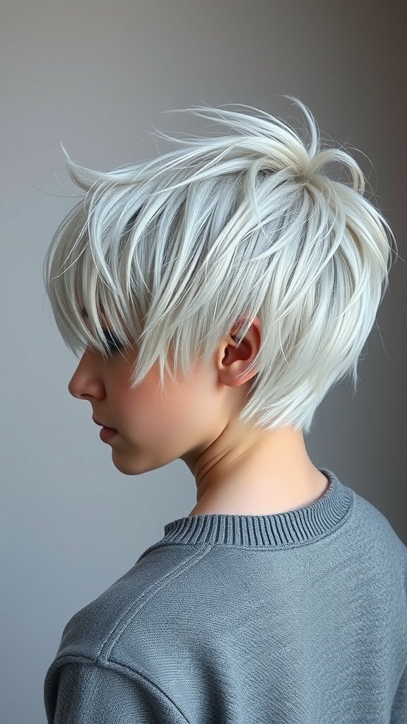 A choppy bixie haircut featuring white platinum strands, showcasing textured layers and a modern look.
