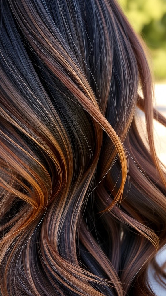 Dark brown hair with coppery bronze highlights, showcasing beautiful waves and dimension.