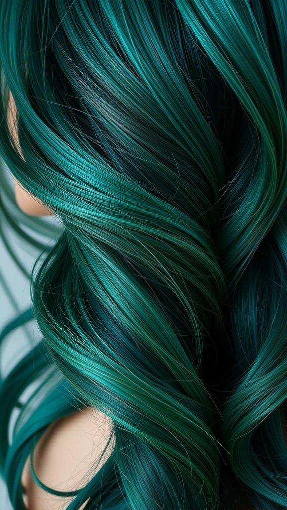 A close-up view of deep green hair with vibrant jade highlights, showcasing the beautiful color blend and texture.