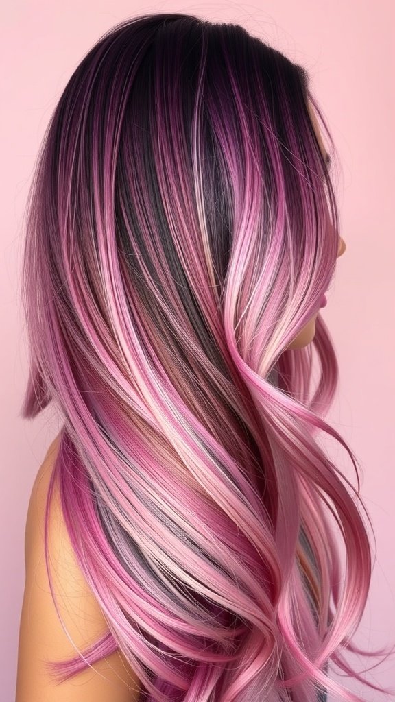 A beautiful deep plum to pastel pink ombre hairstyle, showcasing vibrant color transitions.