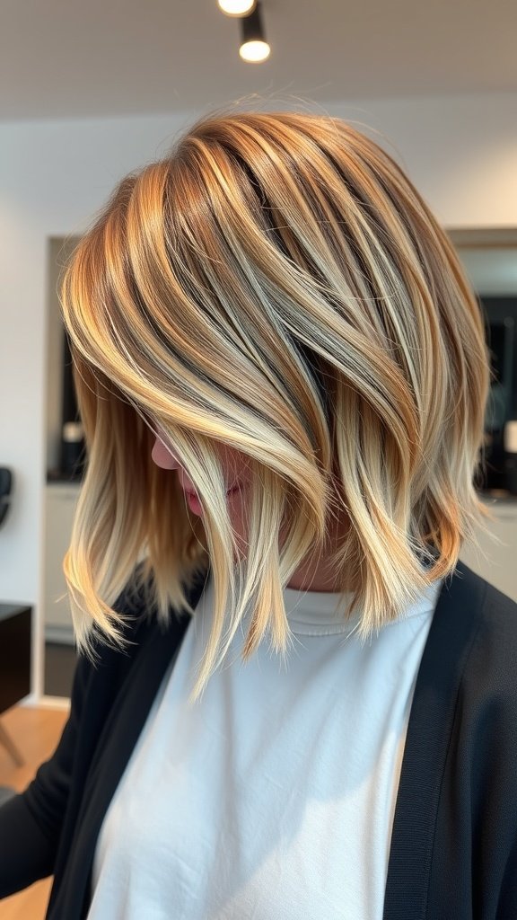 A woman with a diagonal forward layered bob haircut, showcasing soft waves and highlights.