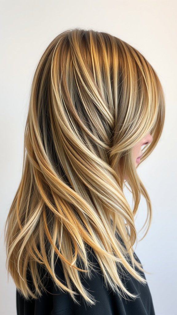 A close-up of a distinct-layered shag haircut with alternating lengths, showcasing soft waves and highlights.