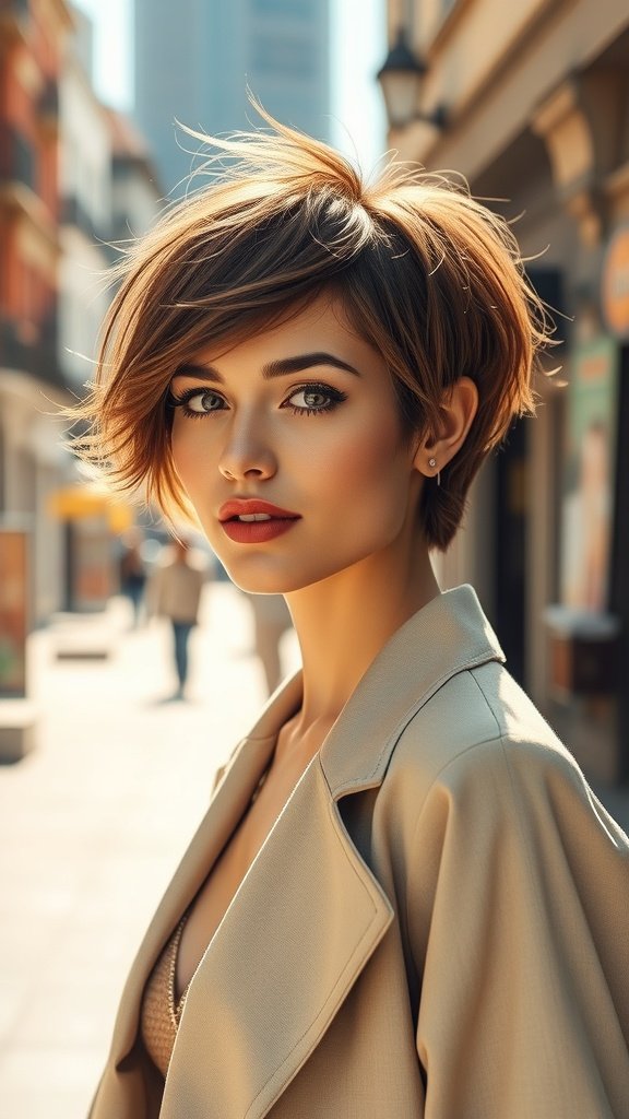A woman with a chic pixie haircut featuring tousled layers, standing in a stylish urban setting.