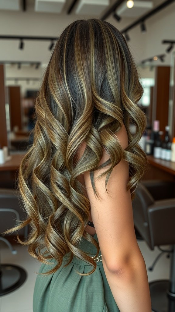 A woman with long, curly hair dyed in Envious Olive Green, showcasing a blend of earthy tones and highlights.