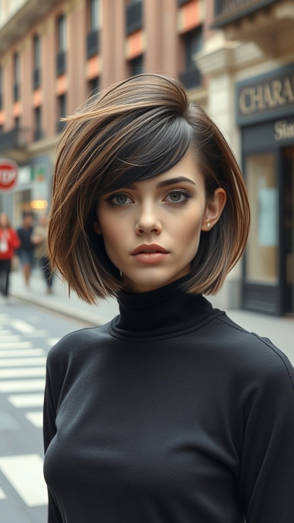 A woman with a flipped-out bob hairstyle featuring choppy ends and a voluminous crown, standing on a city street.