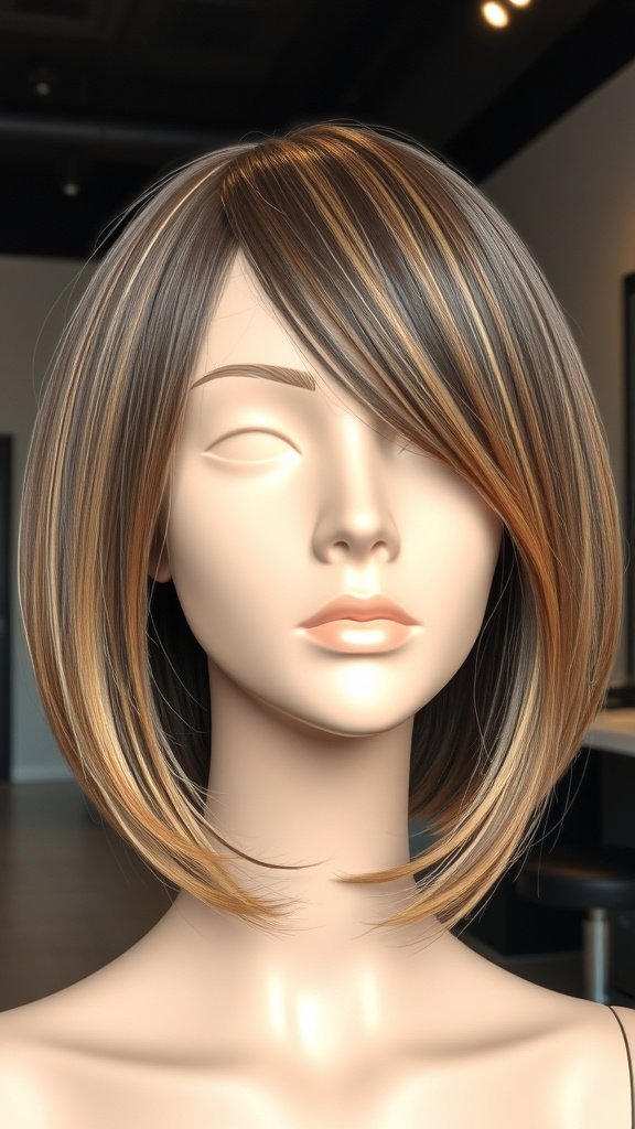 A graduated layered bob hairstyle with subtle highlights, showcasing a modern and stylish look.