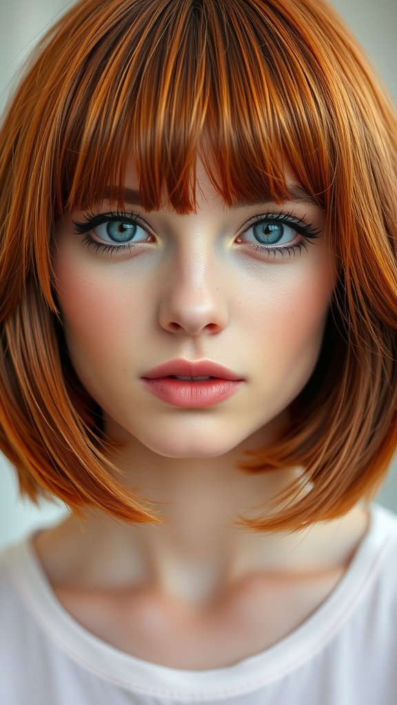 A close-up of a model with copper hair and illusion bangs, showcasing a chic bob cut.