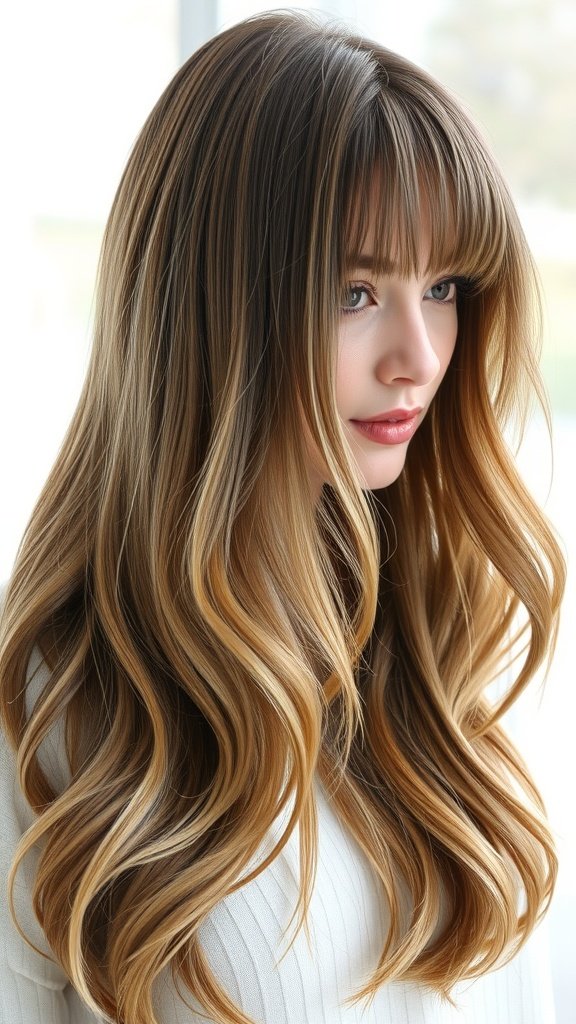 A woman with long layered hair and curtain bangs, showcasing soft waves and a stylish look.