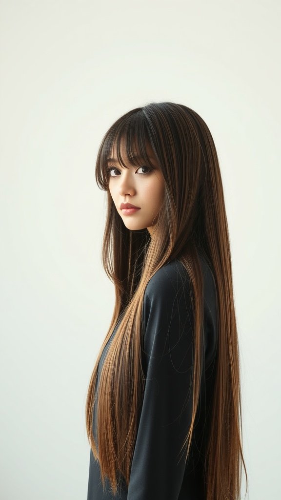 A woman with long straight hair and wispy curtain bangs, showcasing a sleek and elegant hairstyle.