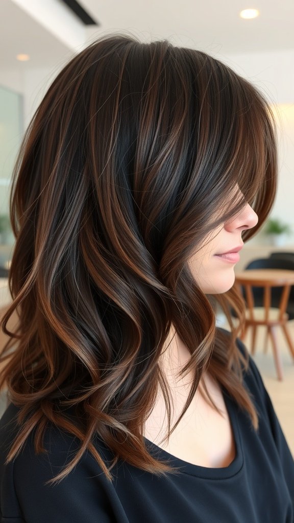 A woman with lush espresso layered hair styled in soft waves, showcasing rich brown tones.