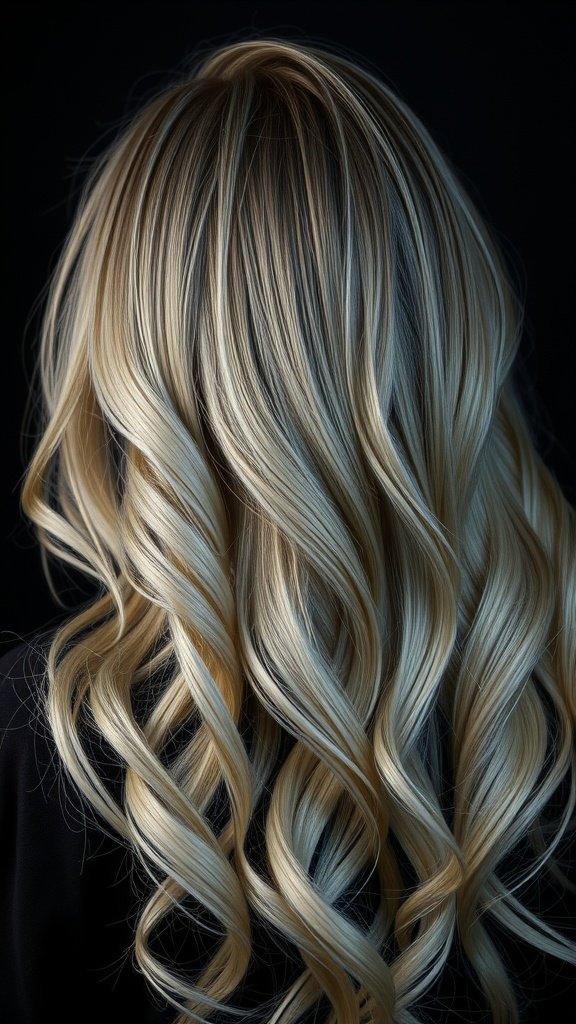 A close-up view of wavy blonde hair with silver tints, showcasing a luminous and elegant hairstyle.