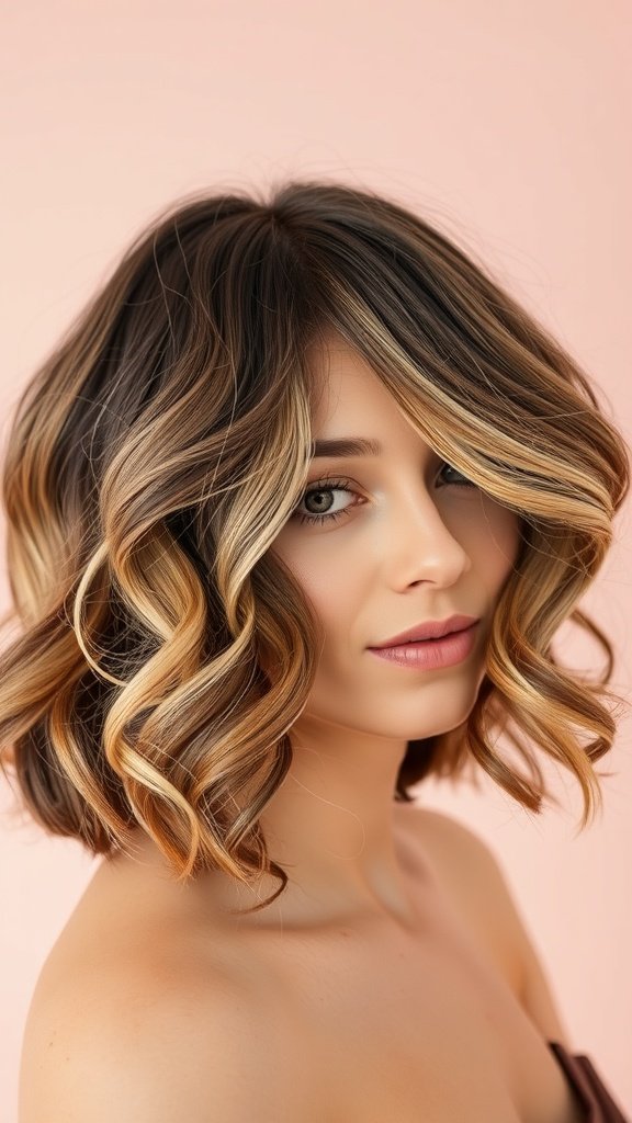 A woman with a multi-tonal curly bob hairstyle, featuring soft curls and warm highlights, against a pink background.