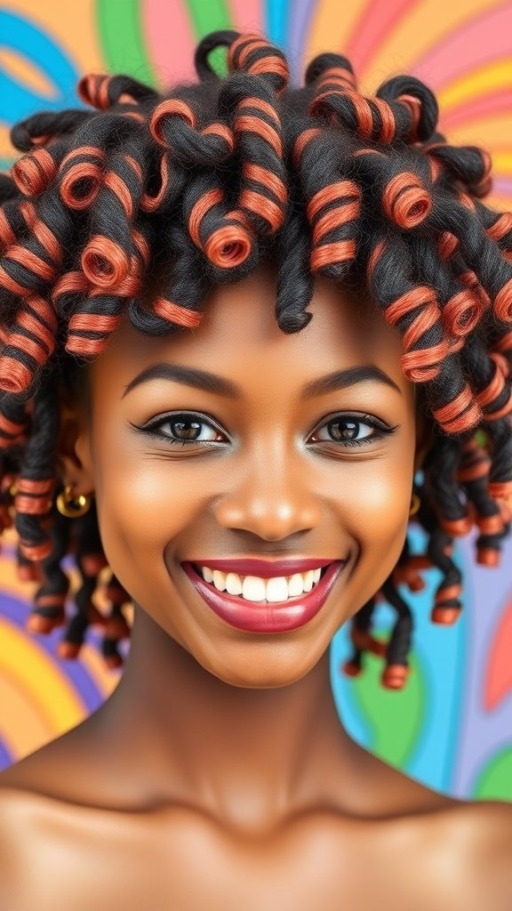 A woman with short corkscrew curls, featuring vibrant colors, smiling against a colorful background.