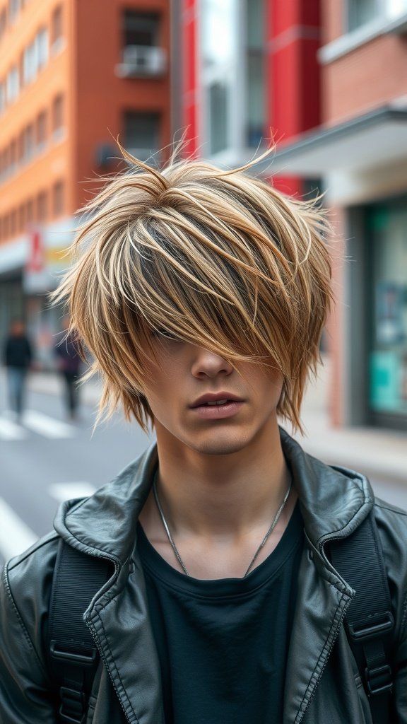 A person with shaggy mullet hairstyle featuring two-tone highlights, standing in an urban setting.