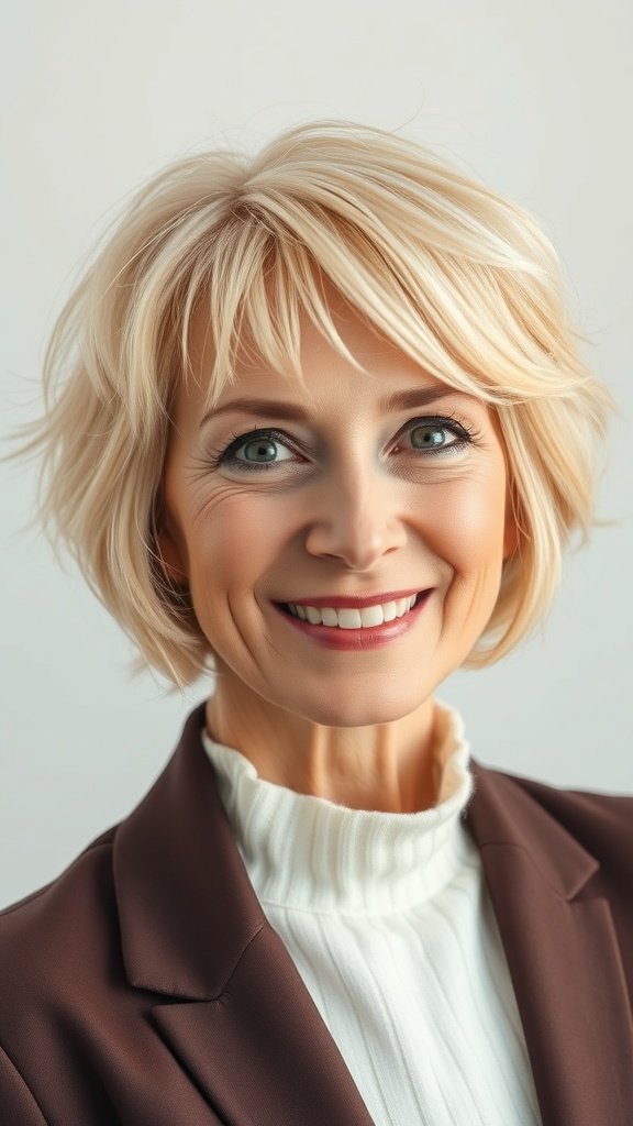 A woman over 70 with a short blonde bob hairstyle featuring wispy layers, smiling confidently.