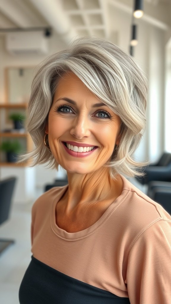 A woman over 50 with fine hair sporting a short cut with gently curled ends, smiling in a modern setting.