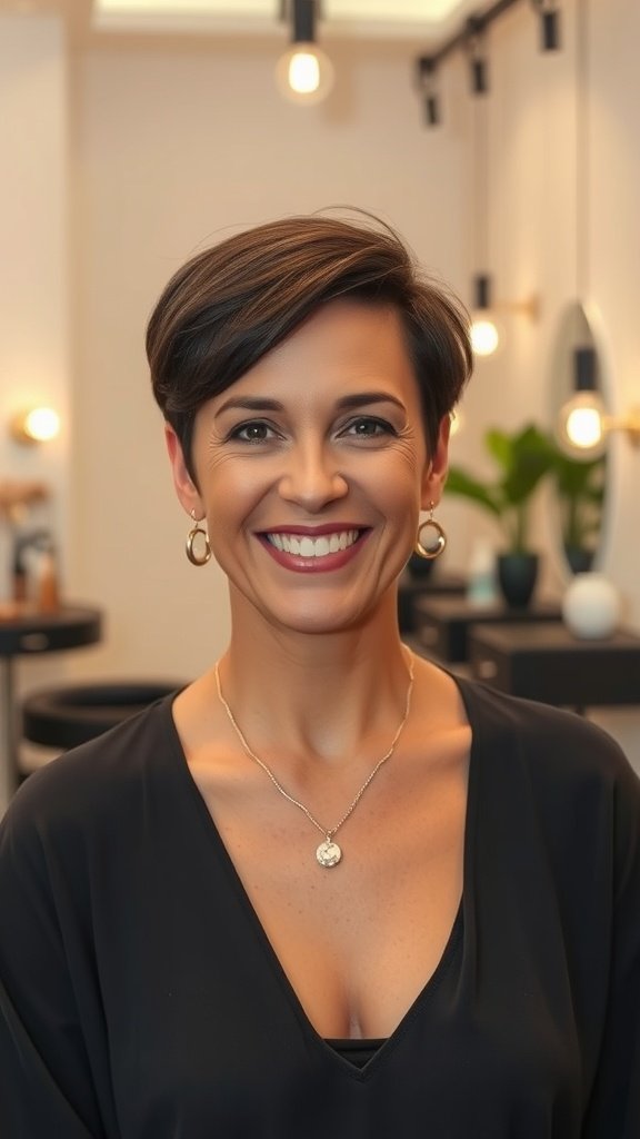 A woman with a stylish short haircut featuring a tapered nape, smiling confidently.