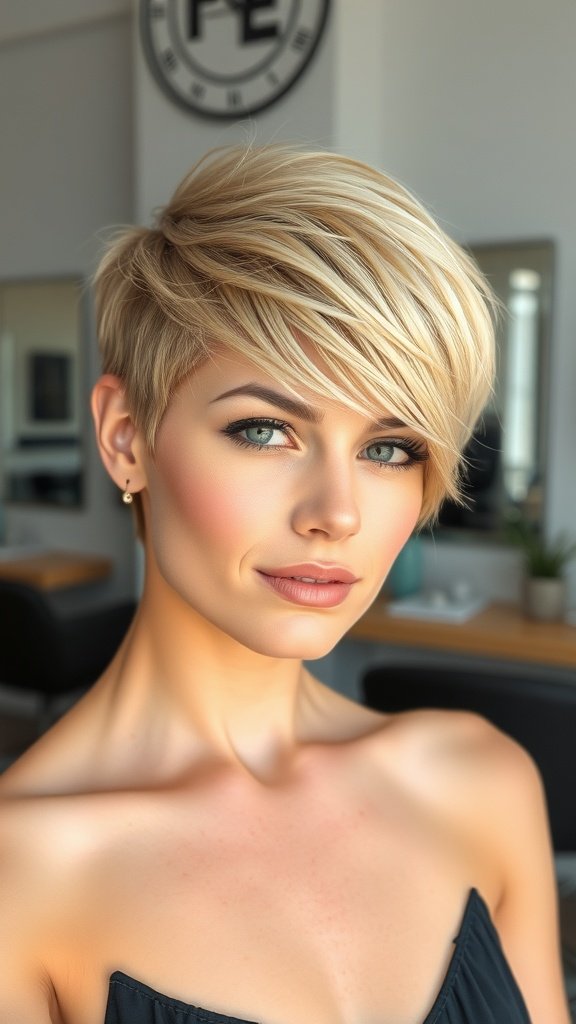A woman with a short feathered classic pixie haircut, showcasing soft layers and a fresh look.