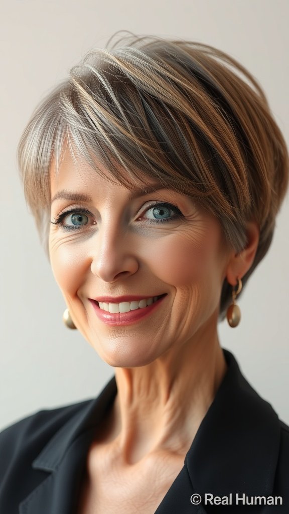 A woman with a short shag hairstyle and piecey bangs, smiling confidently.