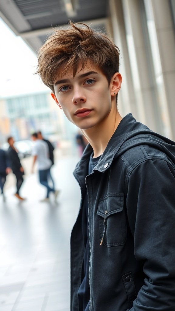 Teenage boy with short shaggy layers haircut, looking stylish in a casual setting.
