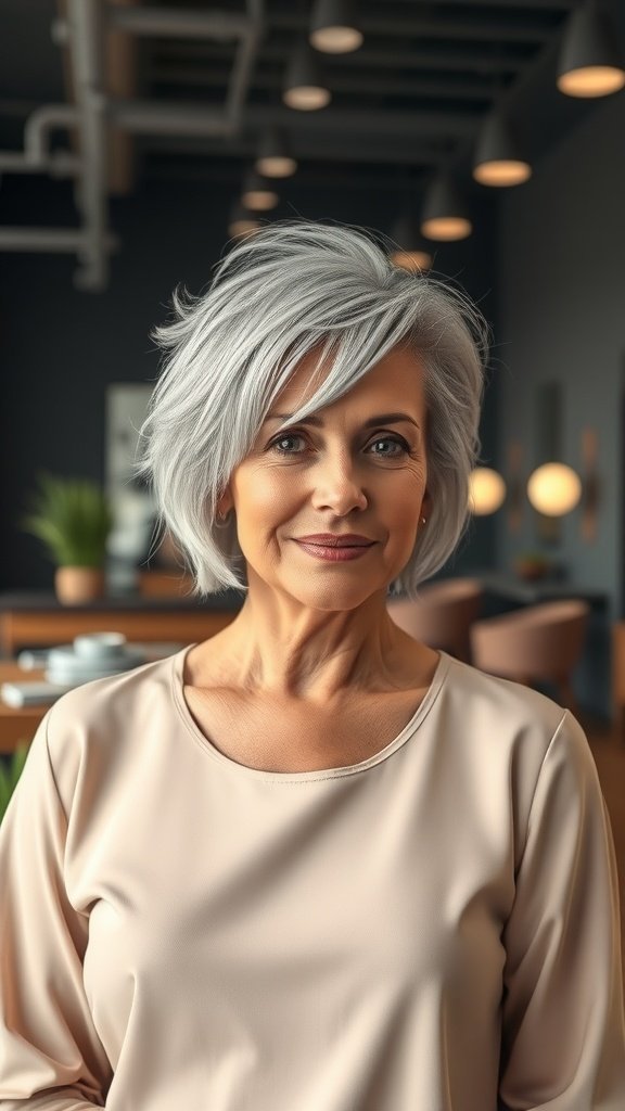 A woman with short textured layers hairstyle, showcasing a modern silver color in a stylish setting.
