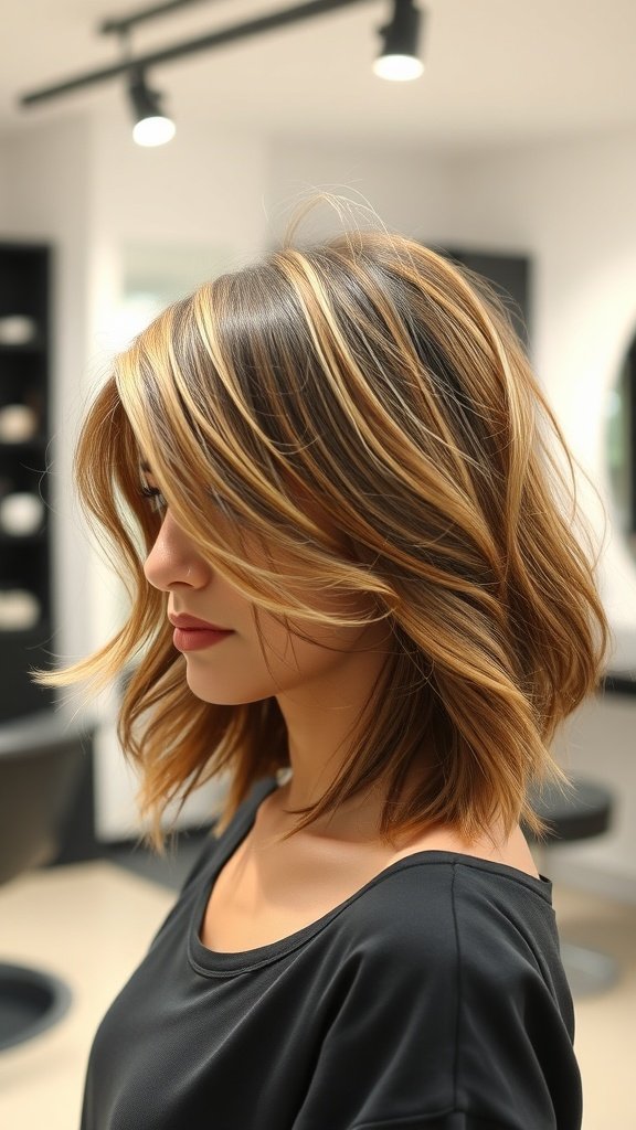 A woman with side-parted shag hair, featuring tousled waves and highlights, looking stylish.