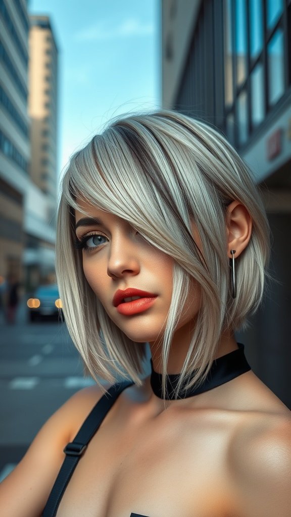 A stylish bob haircut featuring silver hair with dark highlights, set against an urban backdrop.