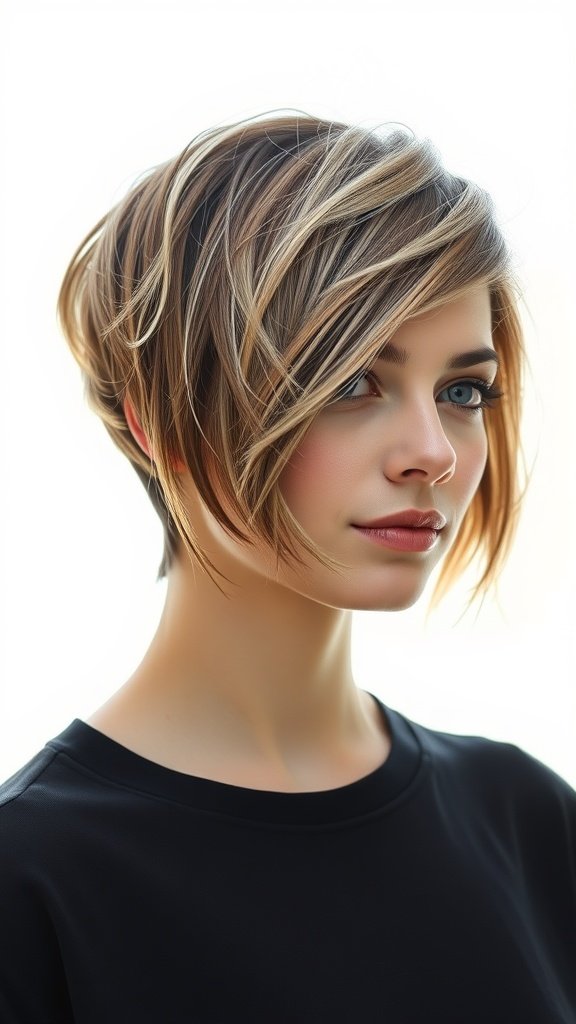 A woman with a softly layered pixie haircut featuring side bangs, showcasing texture and shape.