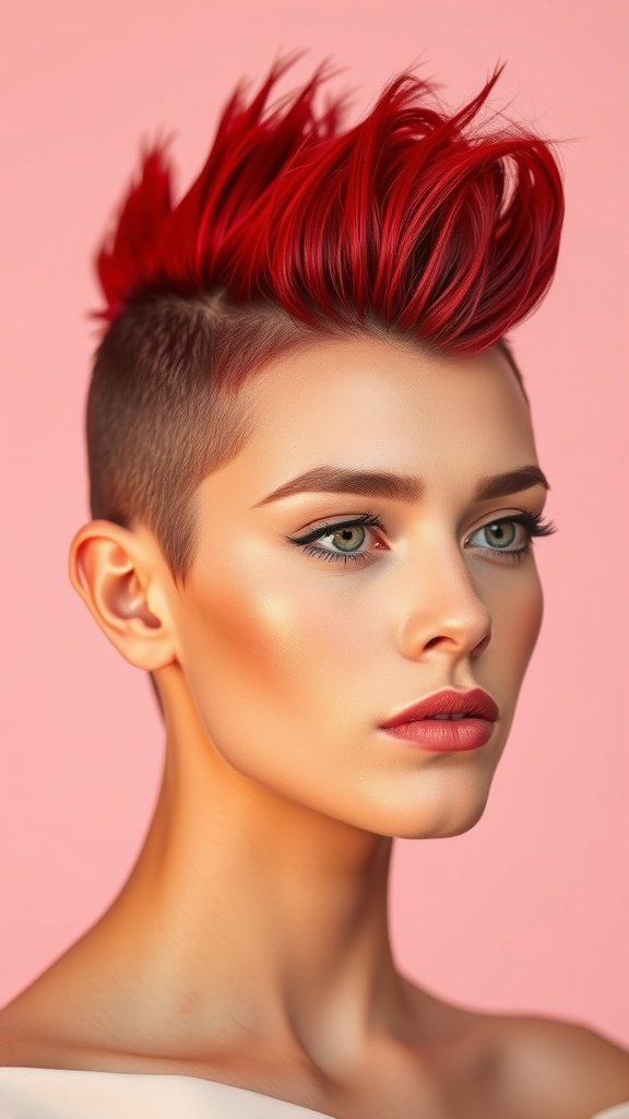 A model showcasing a subtle red faux hawk hairstyle with short sides and styled top.