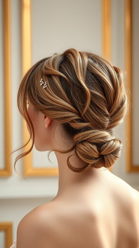 A textured low ponytail hairstyle with soft waves and hairpins