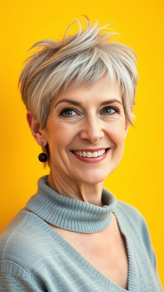 A woman with a textured pixie hairstyle and jagged fringe, smiling against a bright yellow background.