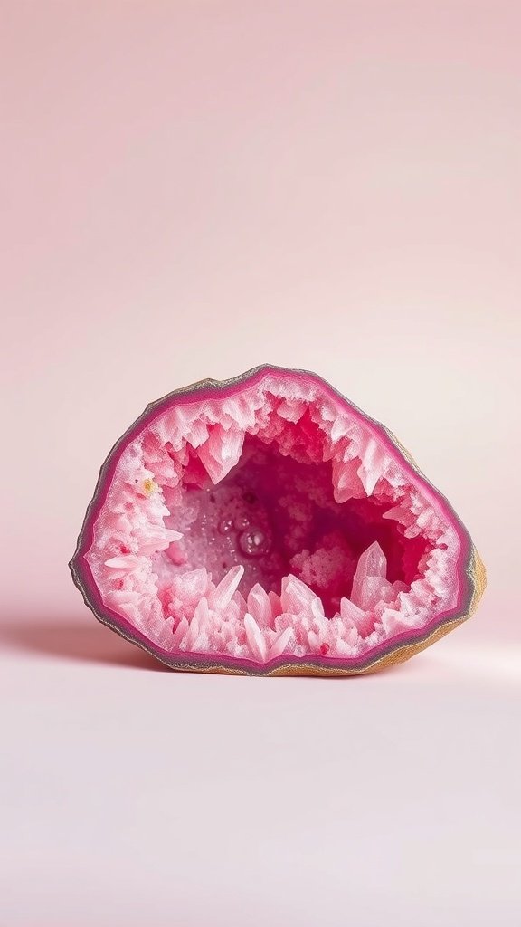 A beautifully cut pink geode displaying sparkling pink crystals inside.