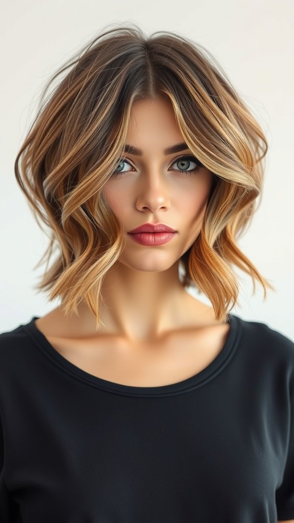 A woman with a wavy bob hairstyle featuring disconnected layers, showcasing a stylish and modern look.