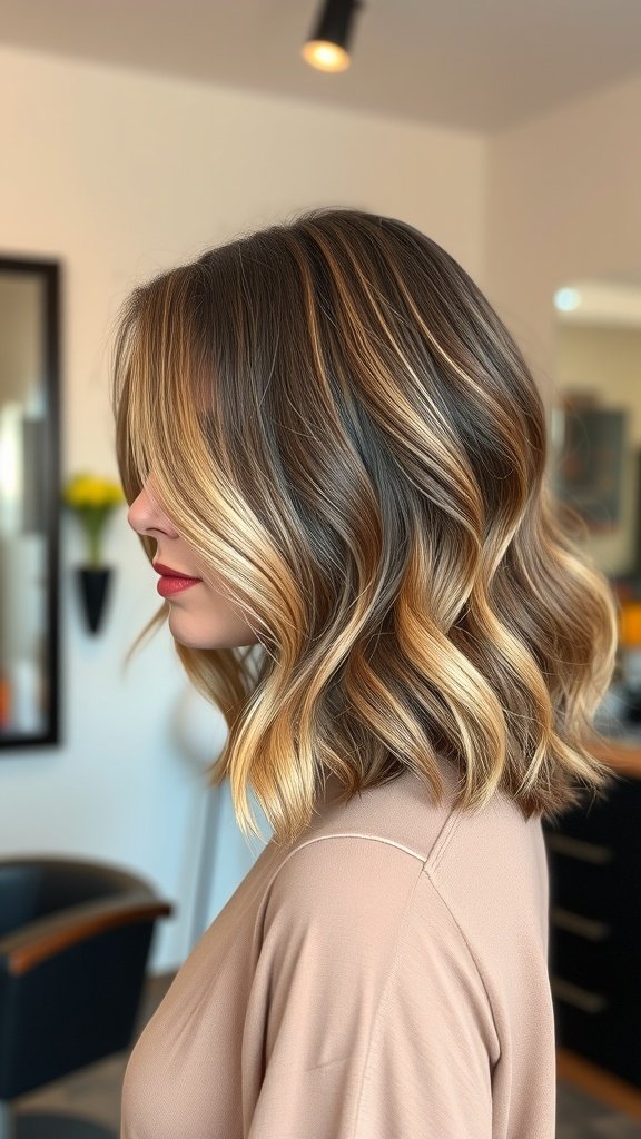 A woman with a wavy lob haircut featuring a crisp perimeter, showcasing thick hair with soft waves.