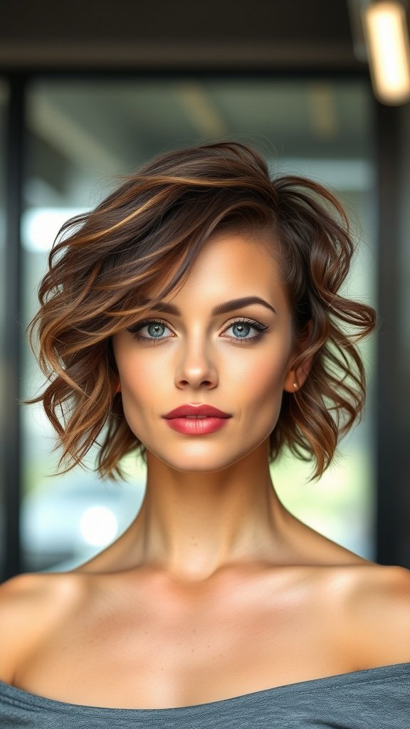 A woman with a wavy undercut pixie hairstyle, showcasing short textured waves on top and closely clipped sides.