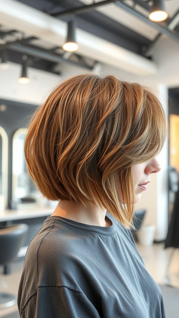 A woman with a wispy bob hairstyle featuring side bangs, showcasing a stylish and modern look.