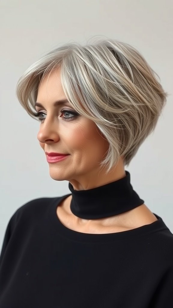A woman with an asymmetrical pixie bob hairstyle, showcasing soft layers and a stylish look.
