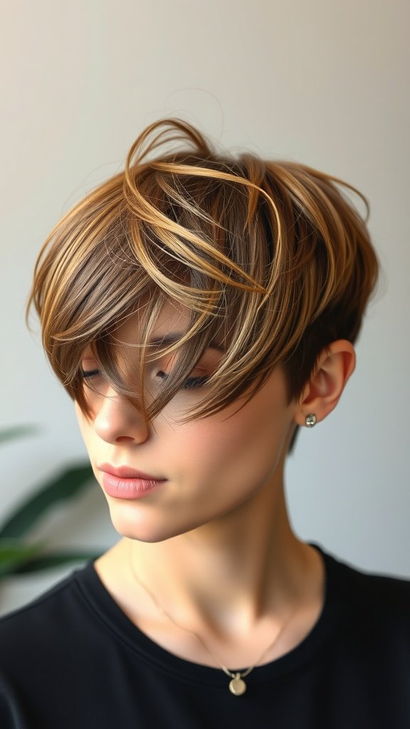 A stylish bixie haircut featuring golden mahogany tones, showcasing soft, tousled layers.