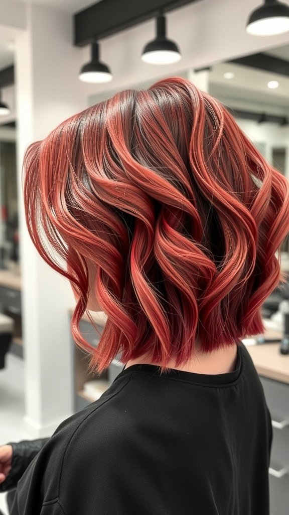 A stylish bob hairstyle with crimped texture and vibrant red highlights, showcasing volume and movement.