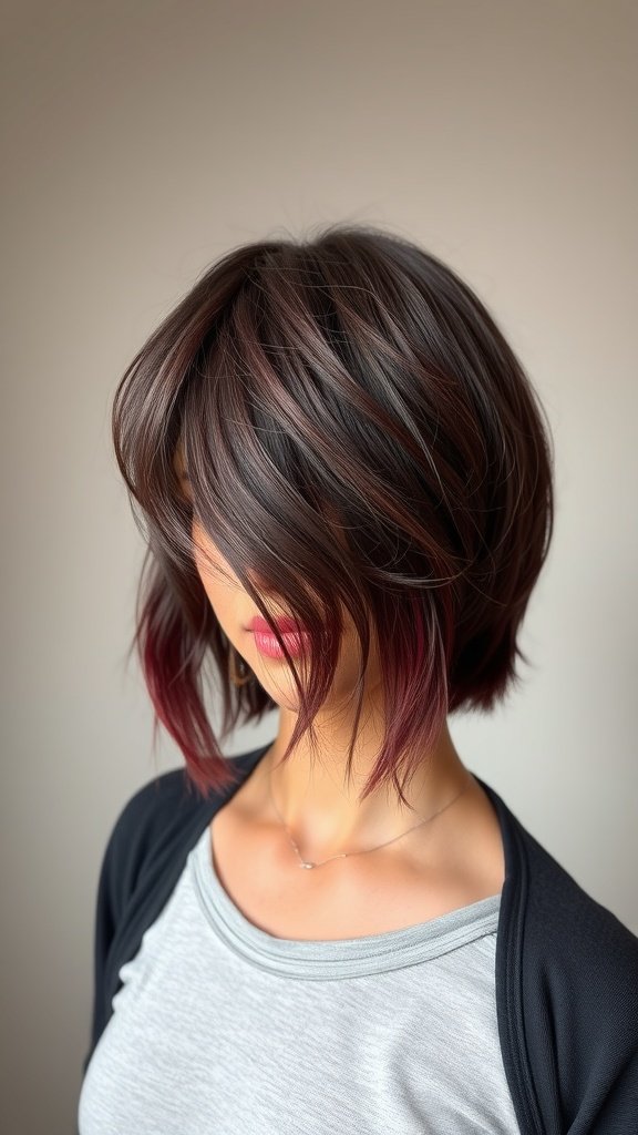 A woman with burgundy shag haircut featuring slight waves.