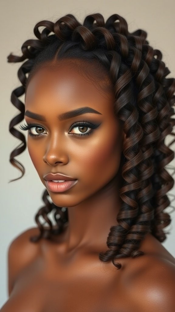 A person with chocolate brown hair styled in tight curls, showcasing a vibrant and lively look.