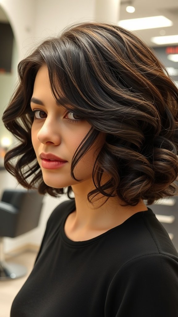 A woman with a curly bob hairstyle featuring sleek roots, showcasing defined curls and a polished look.