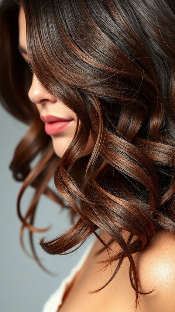 A close-up of a woman with deep brown hair featuring mahogany undertones, styled in soft curls.
