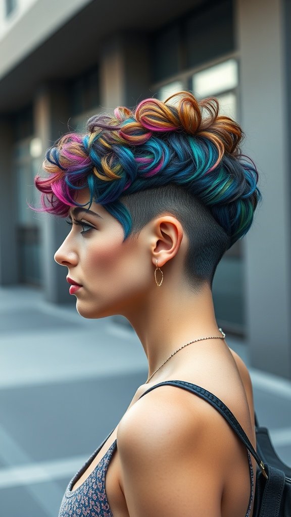 A woman with an edgy curly pixie hairstyle featuring vibrant colors and an undercut.