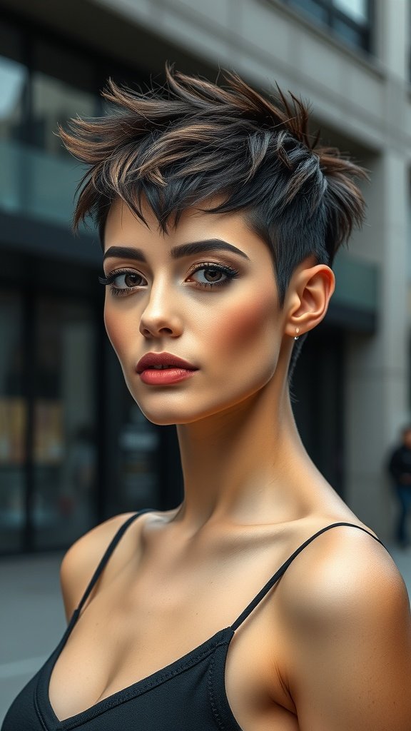 A close-up of a woman with an edgy razor cut pixie hairstyle, showcasing textured layers and a stylish appearance.