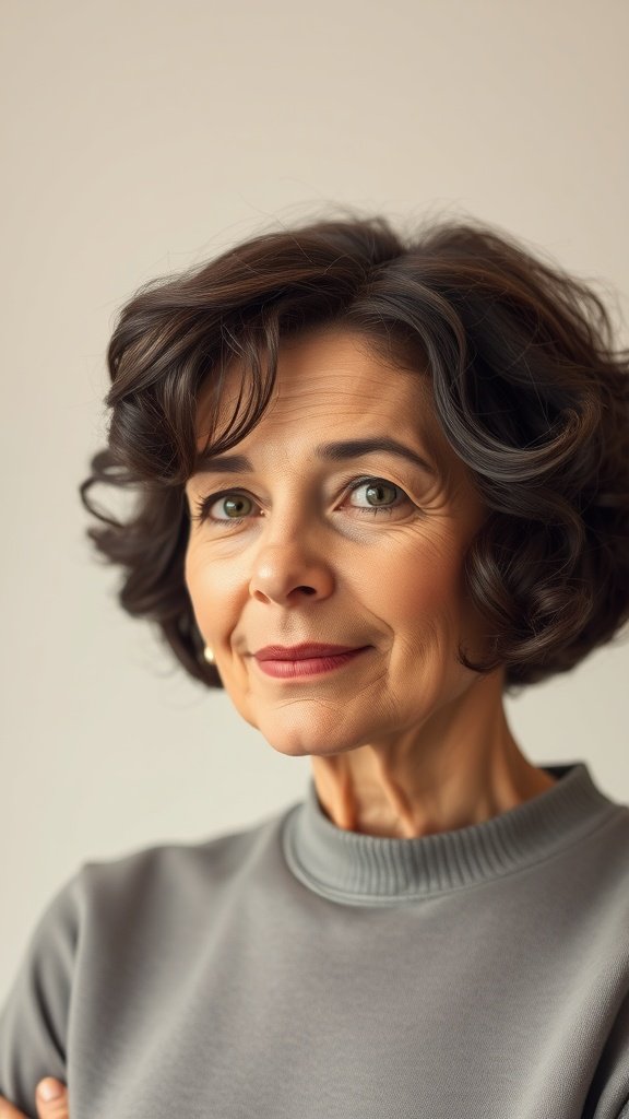 A woman over 70 with a dark brown curly bob hairstyle, smiling confidently.