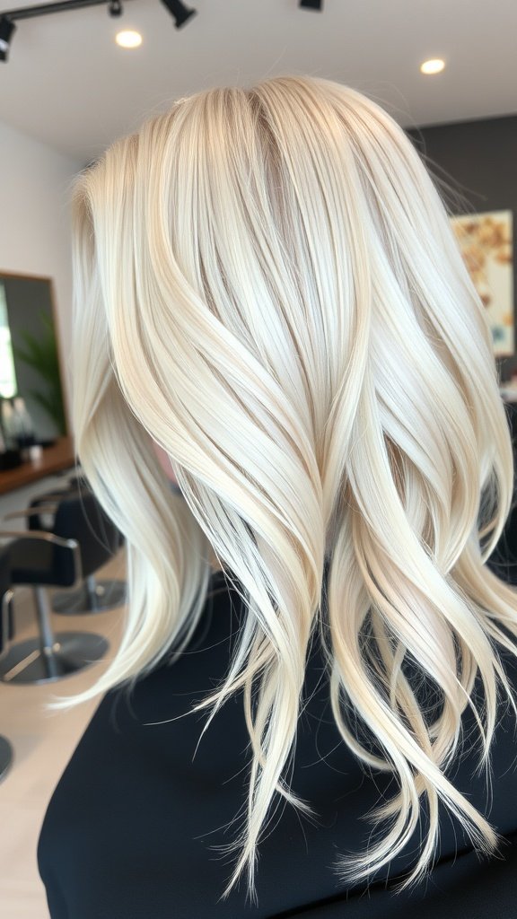 Shoulder-length hairstyle featuring face-framing platinum strands with soft waves.