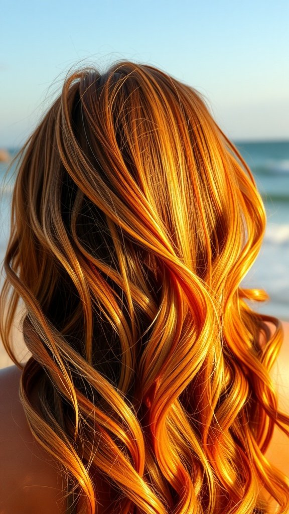 A person with light brown hair featuring fiery sunset streaks, styled in waves, with a beach background.